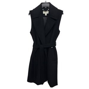 Michael Kors Sleeveless Belted Wool Blend Wrap‎ Coat Black Women's Sz Large